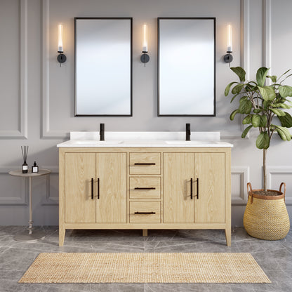Meuble-lavabo Vance avec multiprise et ports USB, armoire en bois massif, comptoir en quartz Diamond, tiroirs et portes à fermeture amortie, évier en céramique sous plan, préassemblé