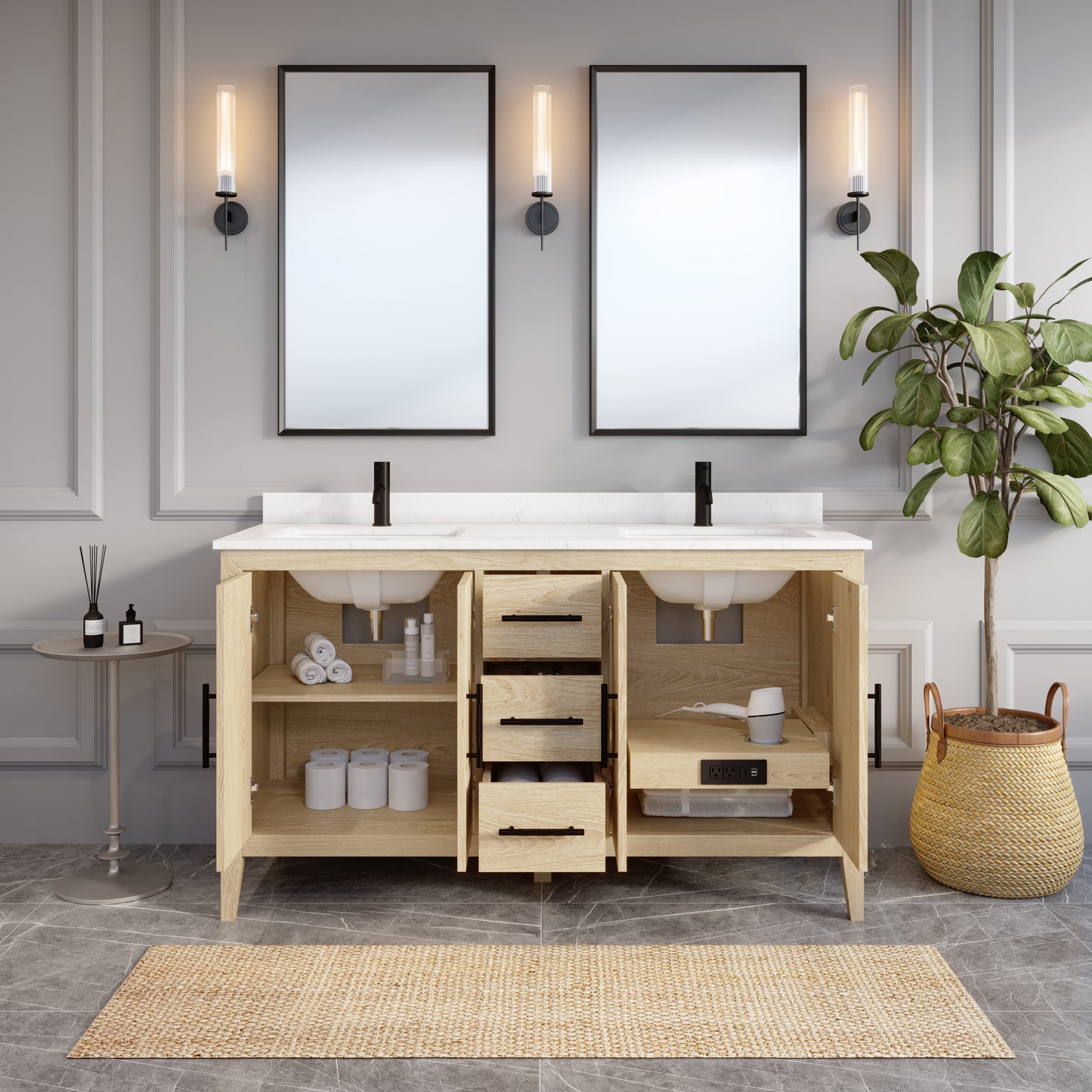 Meuble-lavabo Vance avec multiprise et ports USB, armoire en bois massif, comptoir en quartz Diamond, tiroirs et portes à fermeture amortie, évier en céramique sous plan, préassemblé