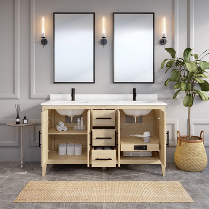 Meuble-lavabo Vance avec multiprise et ports USB, armoire en bois massif, comptoir en quartz Diamond, tiroirs et portes à fermeture amortie, évier en céramique sous plan, préassemblé