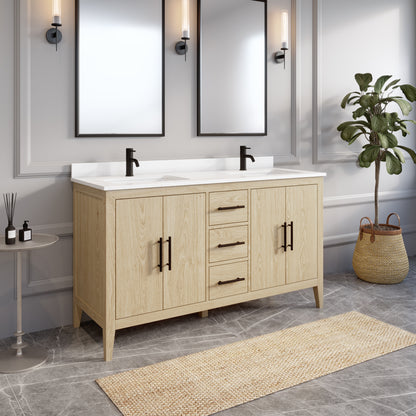 Meuble-lavabo Vance avec multiprise et ports USB, armoire en bois massif, comptoir en quartz Diamond, tiroirs et portes à fermeture amortie, évier en céramique sous plan, préassemblé