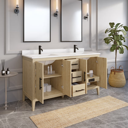 Meuble-lavabo Vance avec multiprise et ports USB, armoire en bois massif, comptoir en quartz Diamond, tiroirs et portes à fermeture amortie, évier en céramique sous plan, préassemblé