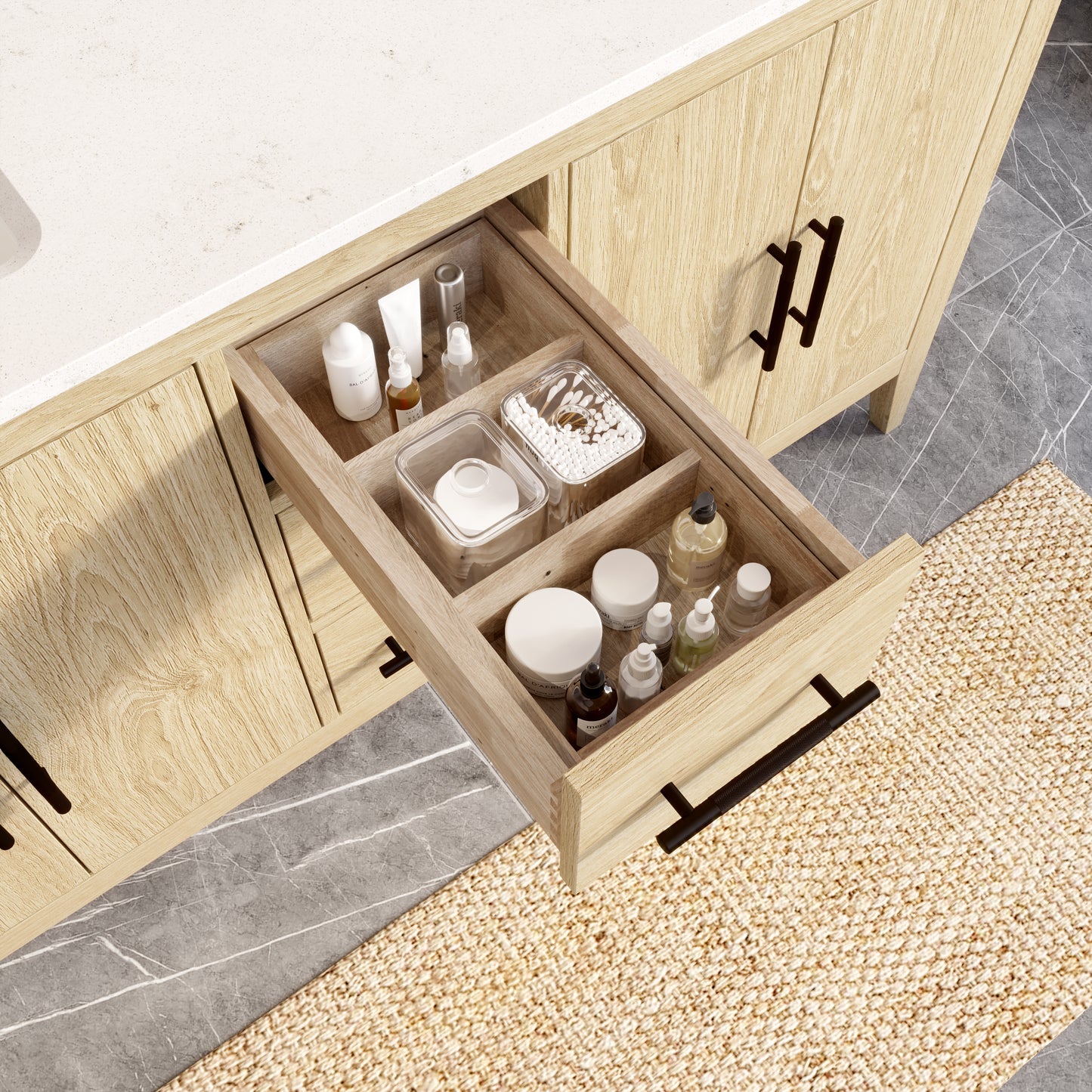 Meuble-lavabo Vance avec multiprise et ports USB, armoire en bois massif, comptoir en quartz Diamond, tiroirs et portes à fermeture amortie, évier en céramique sous plan, préassemblé