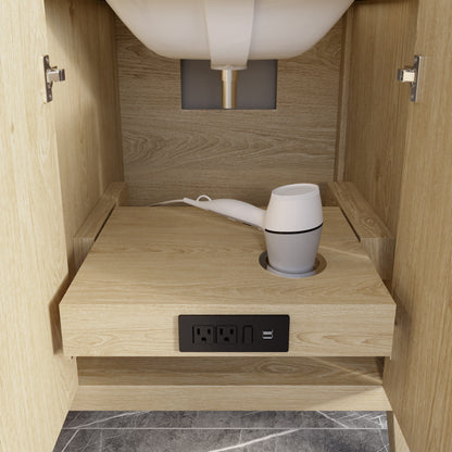 Meuble-lavabo Vance avec multiprise et ports USB, armoire en bois massif, comptoir en quartz Diamond, tiroirs et portes à fermeture amortie, évier en céramique sous plan, préassemblé