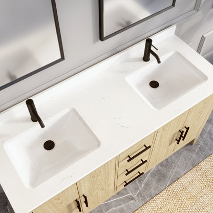 Meuble-lavabo Vance avec multiprise et ports USB, armoire en bois massif, comptoir en quartz Diamond, tiroirs et portes à fermeture amortie, évier en céramique sous plan, préassemblé
