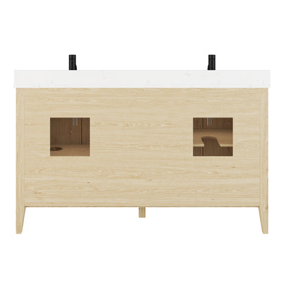 Meuble-lavabo Vance avec multiprise et ports USB, armoire en bois massif, comptoir en quartz Diamond, tiroirs et portes à fermeture amortie, évier en céramique sous plan, préassemblé