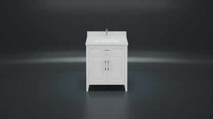 Meuble-lavabo Vance avec multiprise et ports USB, armoire en bois massif, comptoir en quartz Diamond, tiroirs et portes à fermeture amortie, évier en céramique sous plan, préassemblé